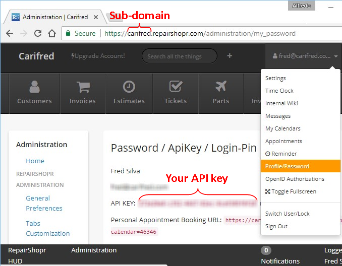 Repairshopr's sub-domain and API key