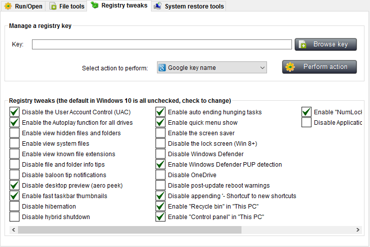 Registry tweaks